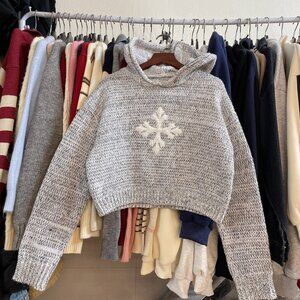 Cozy Marled Knit Hoodie Sweater Bow Detail Cream Gray